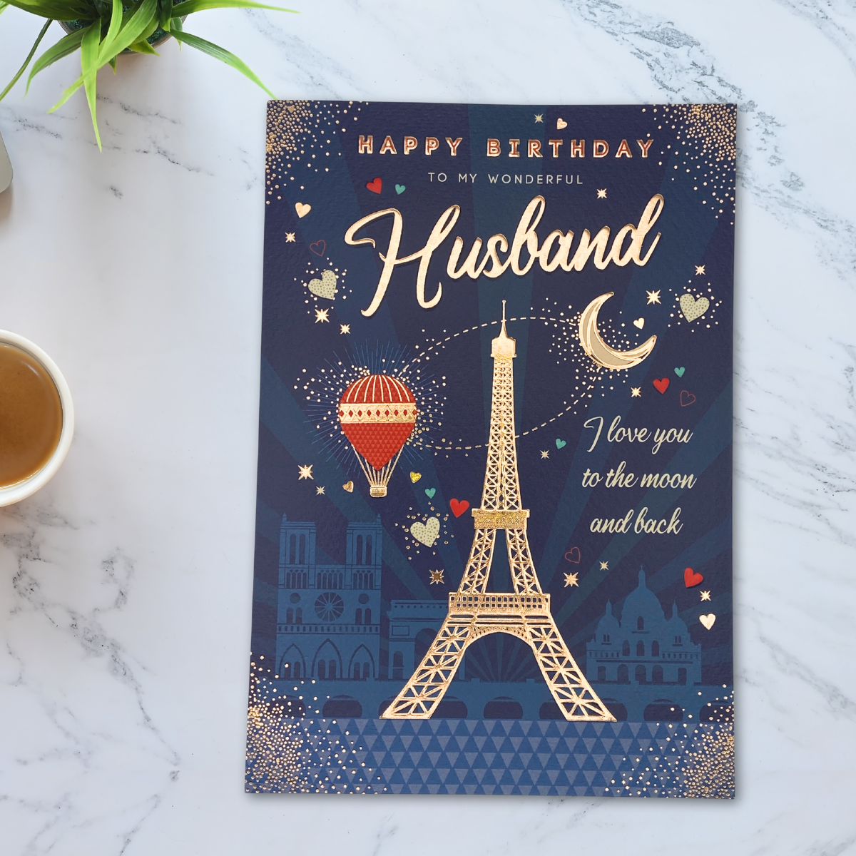 Husband Birthday Card - Fella Eiffel Tower & Hot Air Balloon