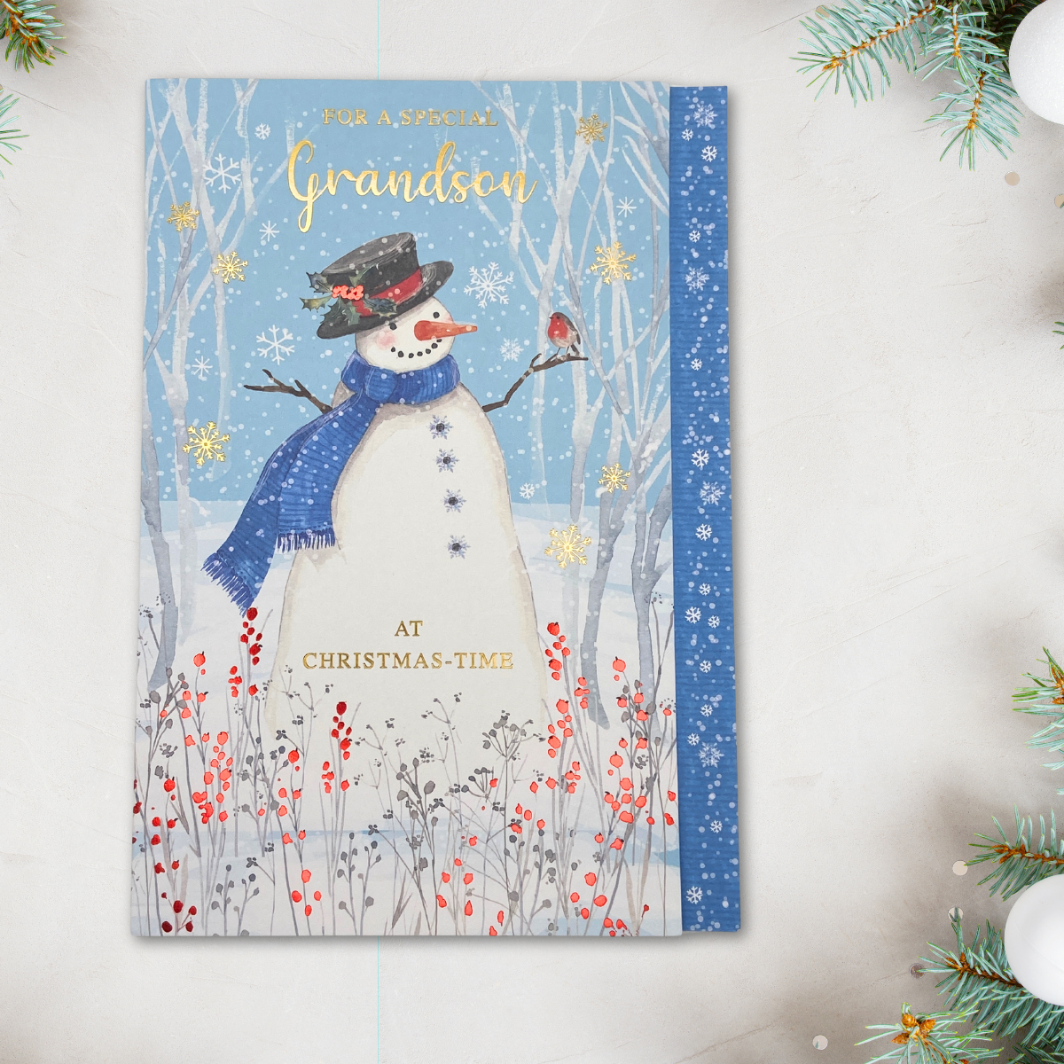 Grandson Christmas Card - Snowman & Robin