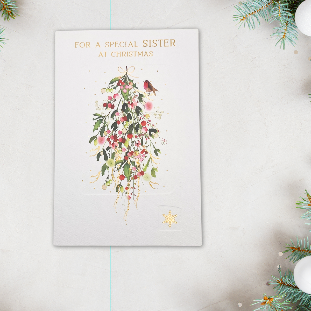 Sister Christmas Card - Flowerpress Robin & Mistletoe