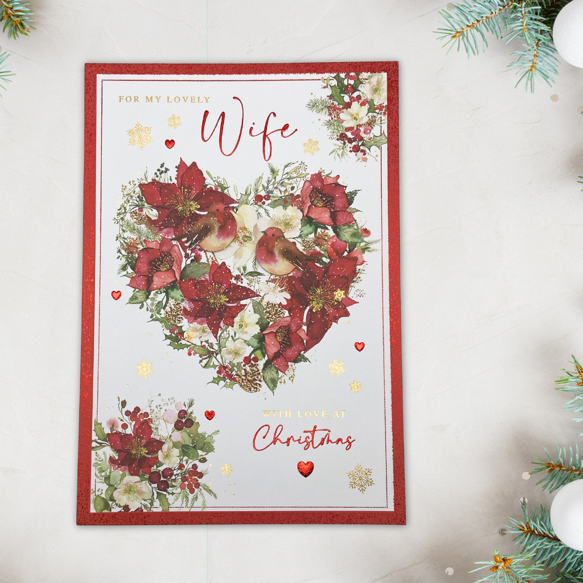 Wife Christmas Card - Large Decoupage Robins & Floral Heart