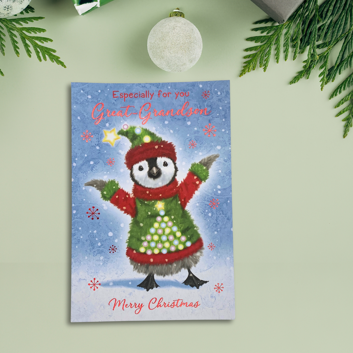 Great Grandson Christmas Card - Illuminated Penguin