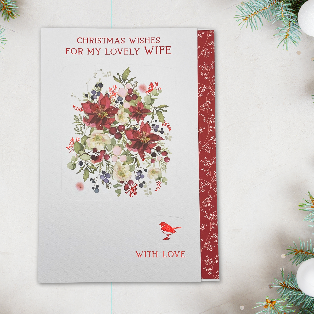 Wife Christmas Card - Flower Press Floral Border