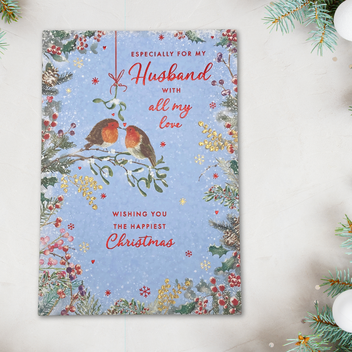 Husband Christmas Card - Pizazz Robins & Mistletoe