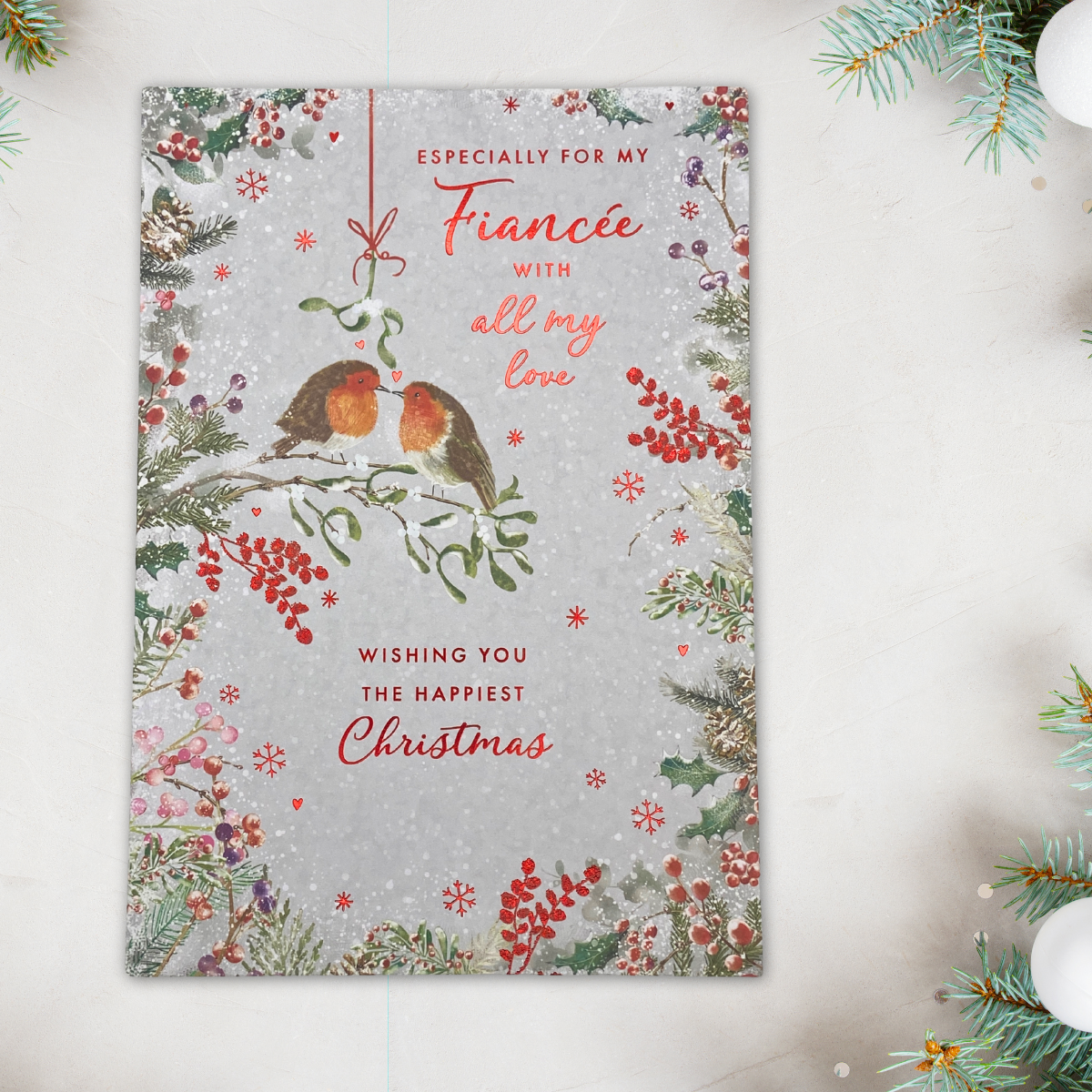 Fiancée Christmas Card - Robins & Mistletoe