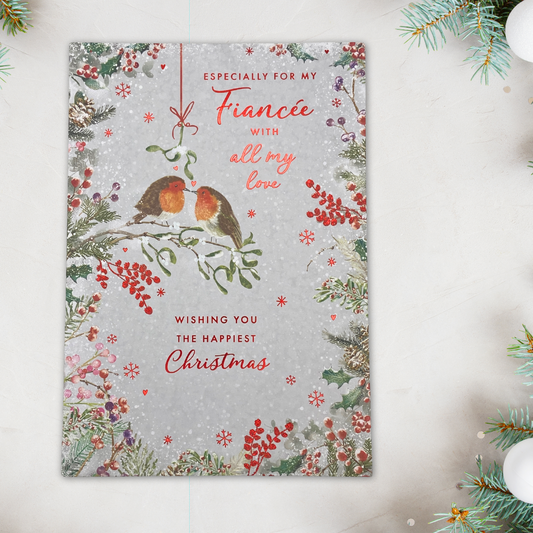 Fiancée Christmas Card - Robins & Mistletoe