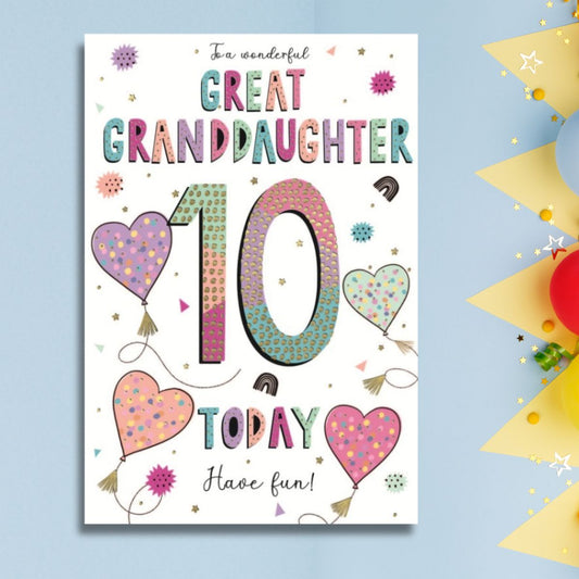 Great Granddaughter 10th Birthday Card - Heart Balloons