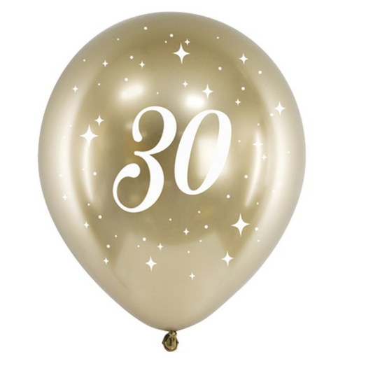 PartyDeco Balloons - 6 x 12" Age 30 Gold Glossy Latex