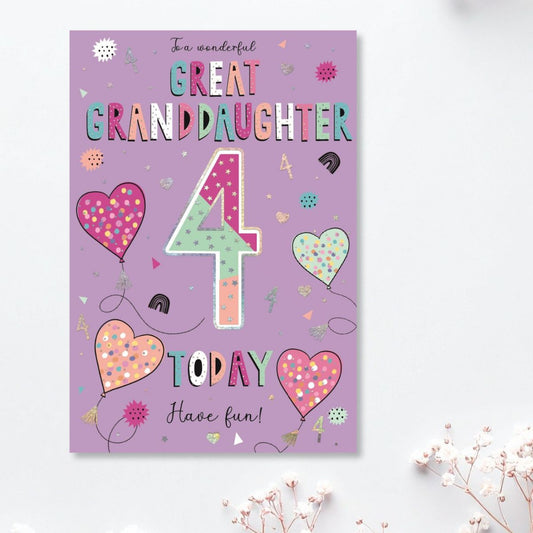 Great Granddaughter 4th Birthday Card- Wonderful Wishes