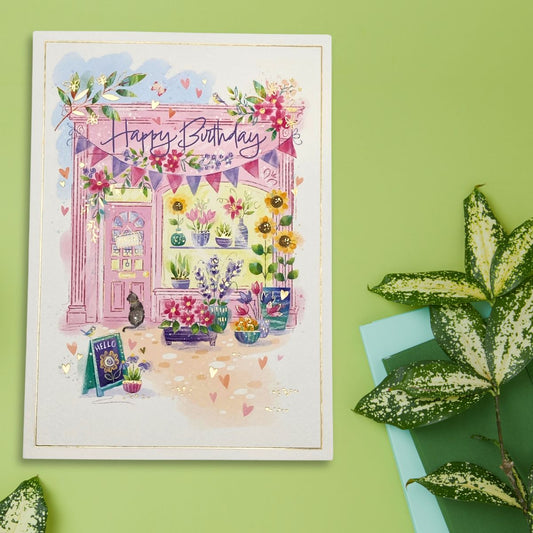 Awash With Colour Birthday Card - Florist & Cat