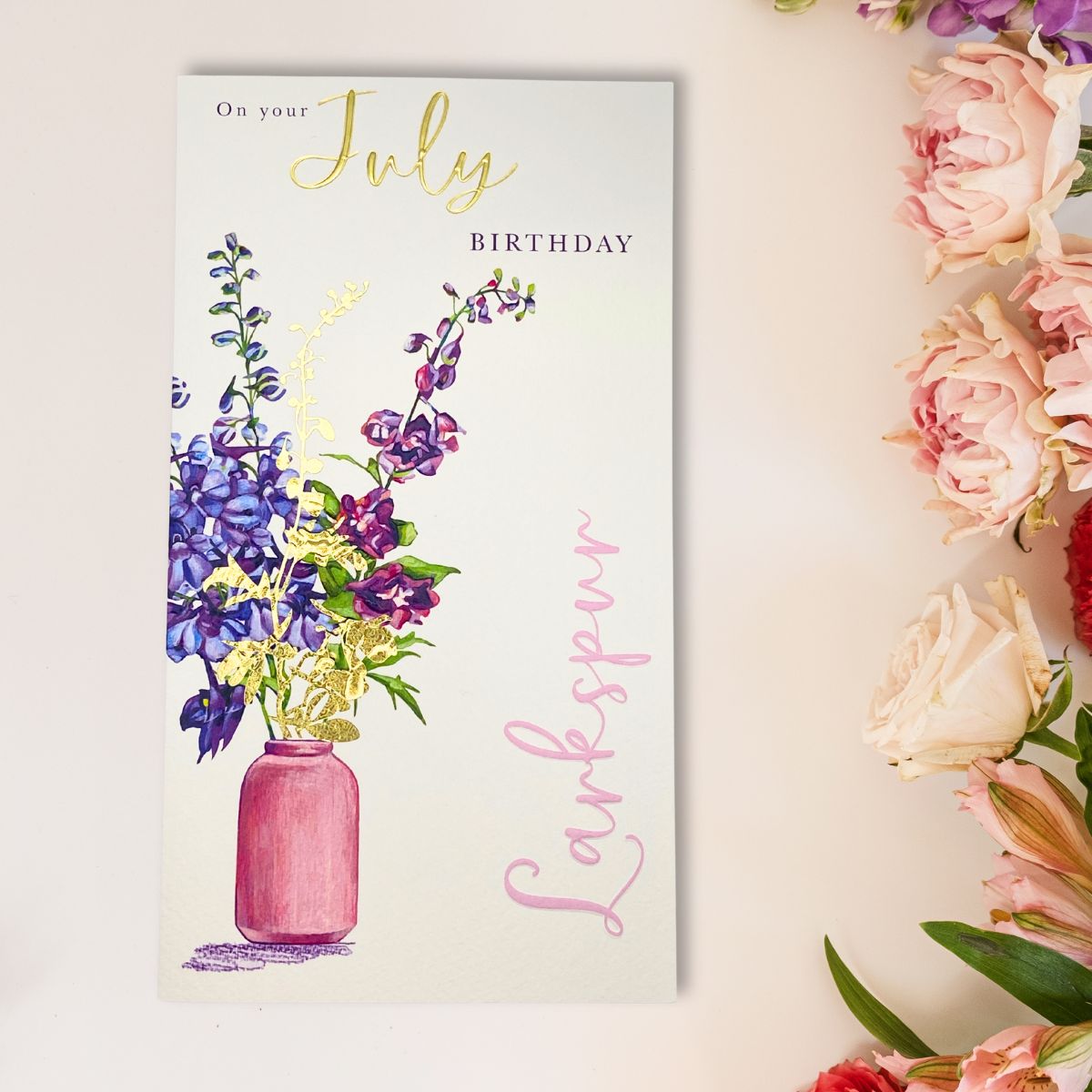 July Birthday Card - Month You Were Born Larkspur