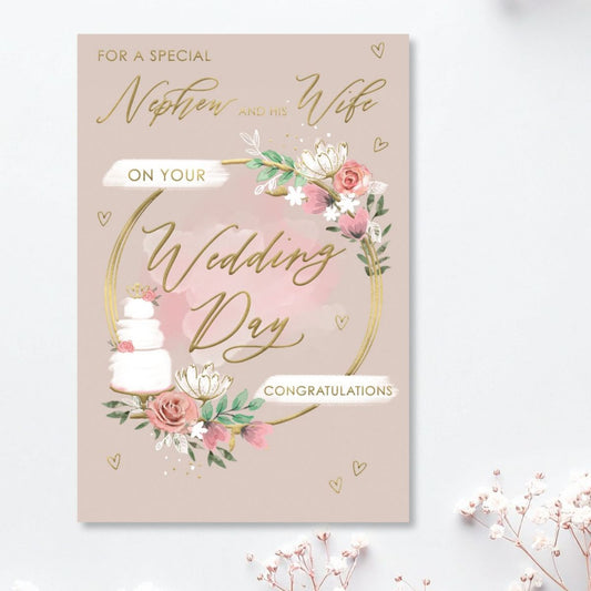 Nephew & Wife Wedding Day Card - Floral Wreath