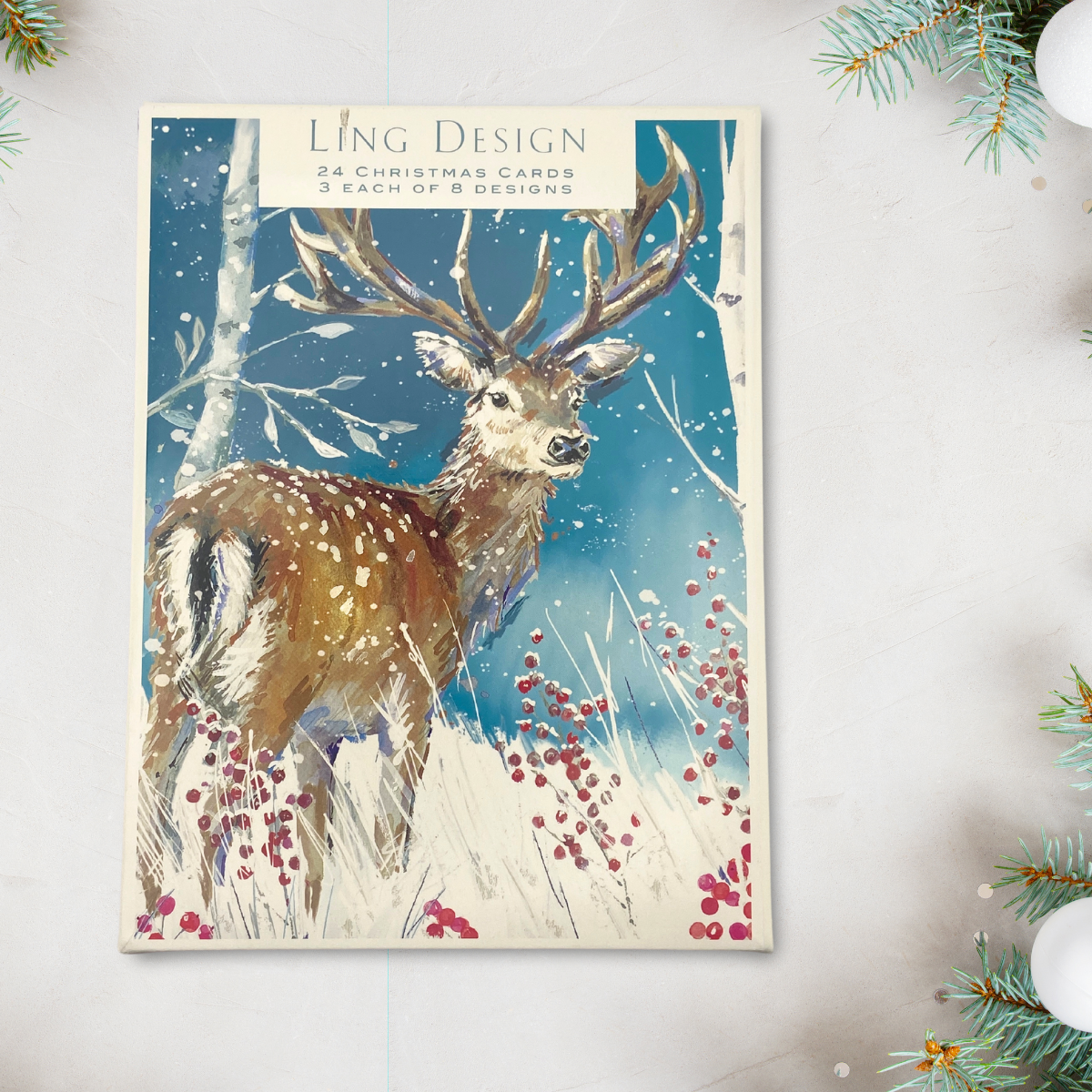 24 x Christmas Cards In Box - Deer In Snow With Berries