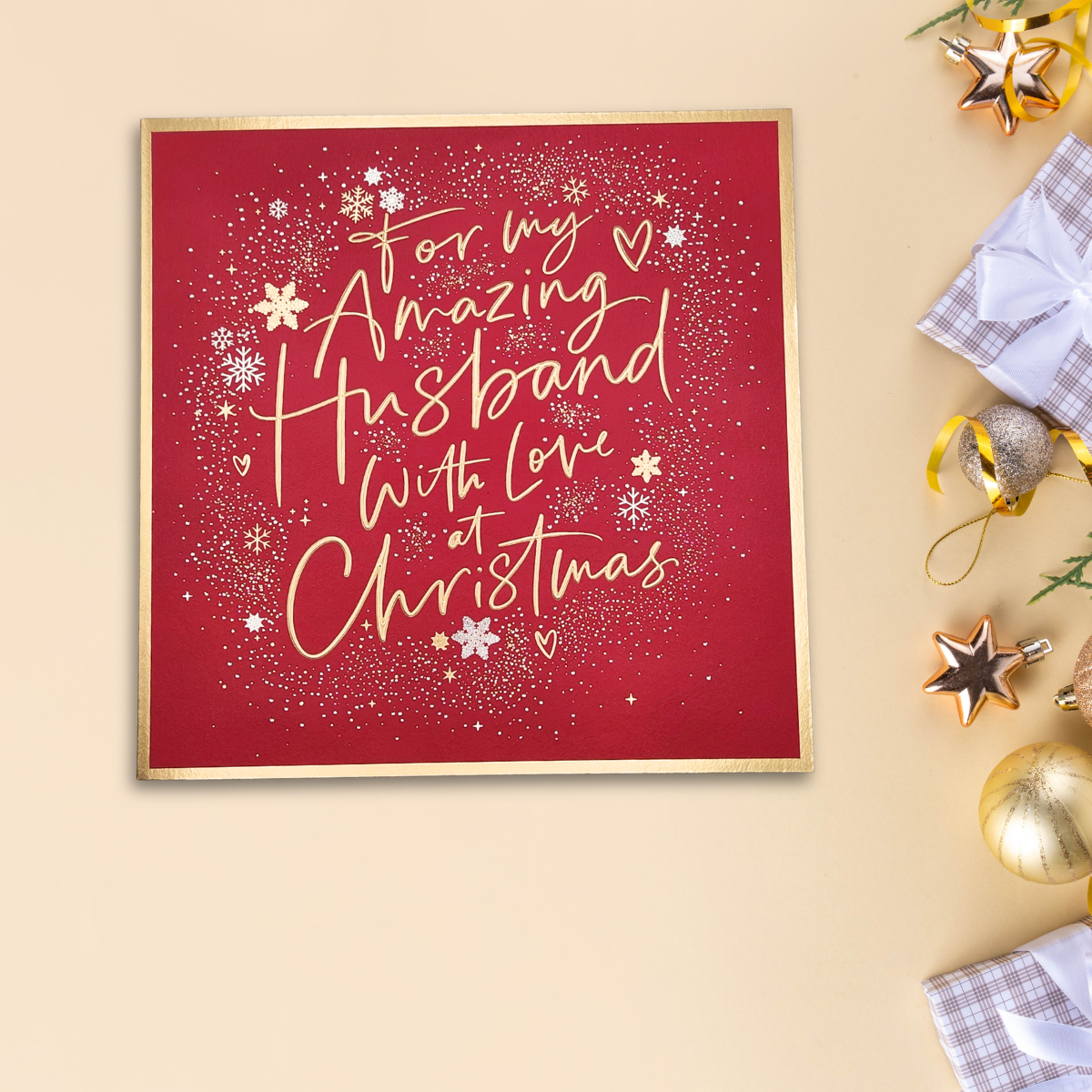 Husband Christmas Card - Gold & Silver Snowflakes