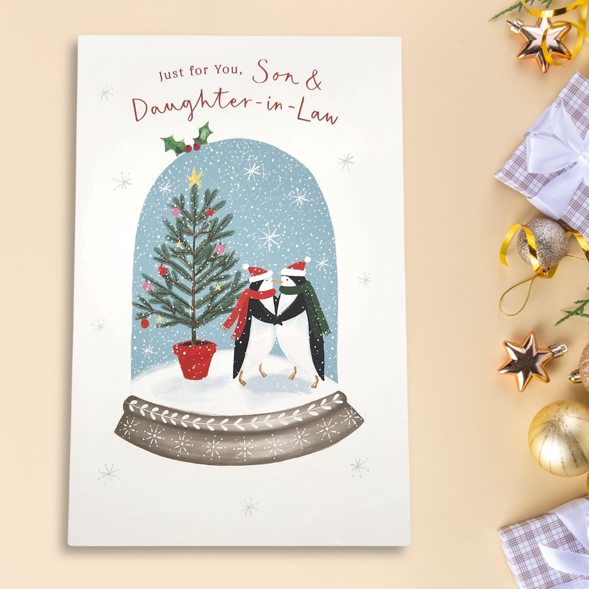 Son & Daughter-In-Law Christmas Card - Penguin Snowglobe