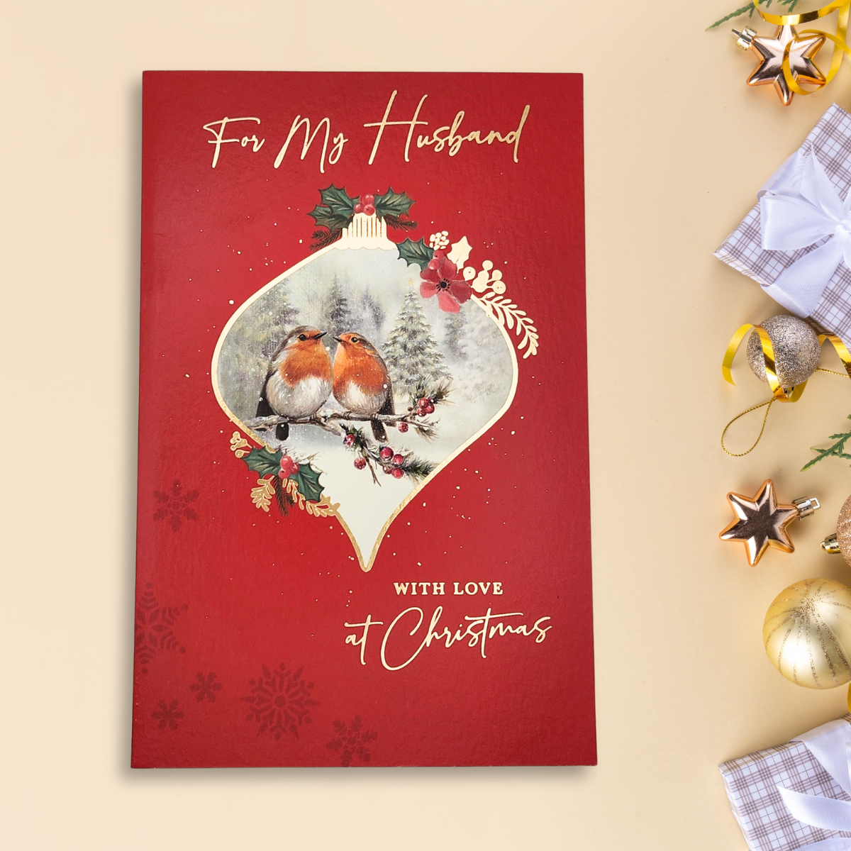 Husband Christmas Card - Robins & Berries