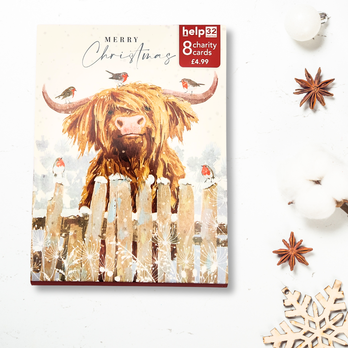 Christmas Charity Cards - 8 x Highland Cow & Robins