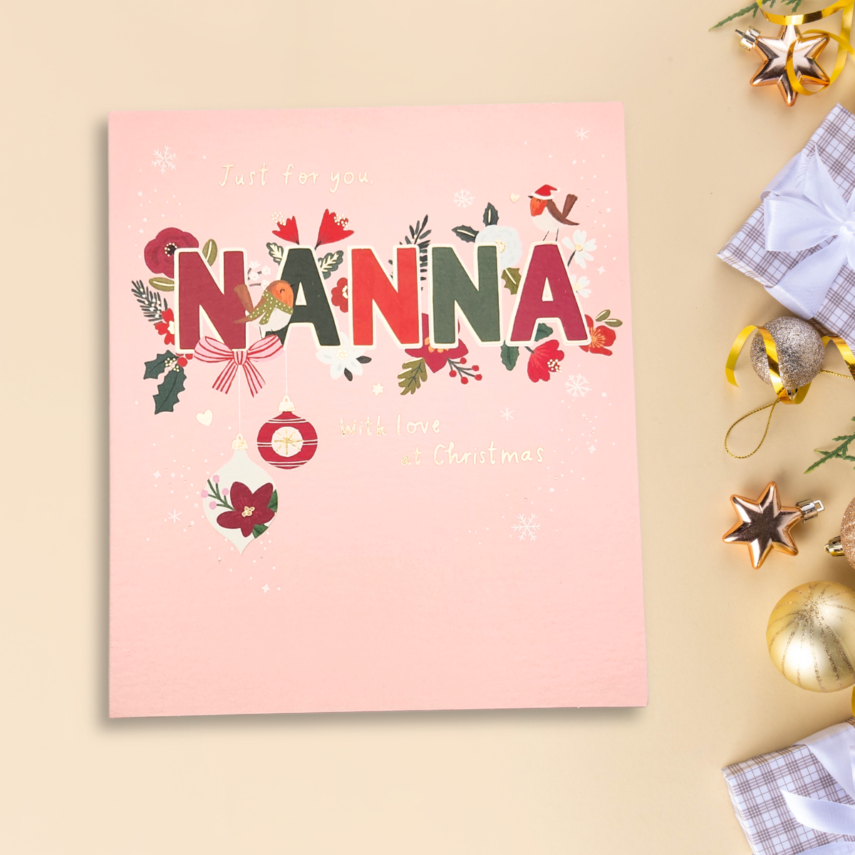 Nanna Christmas Card - Robins Text