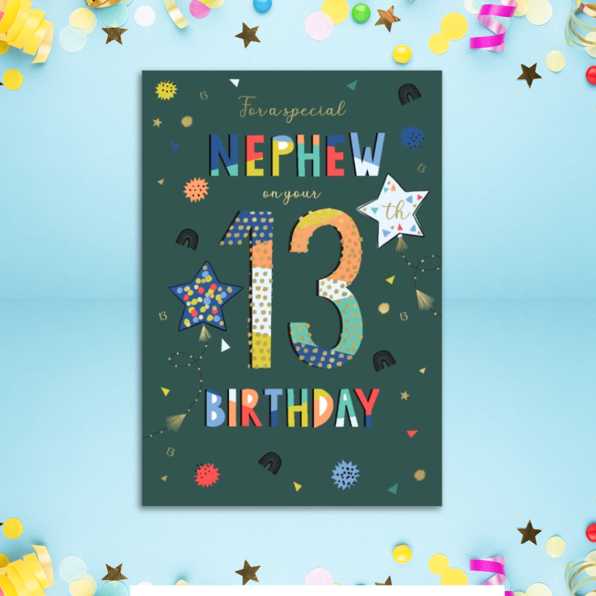 Nephew 13th Birthday Card - Wonderful Wishes Stars & Balloons