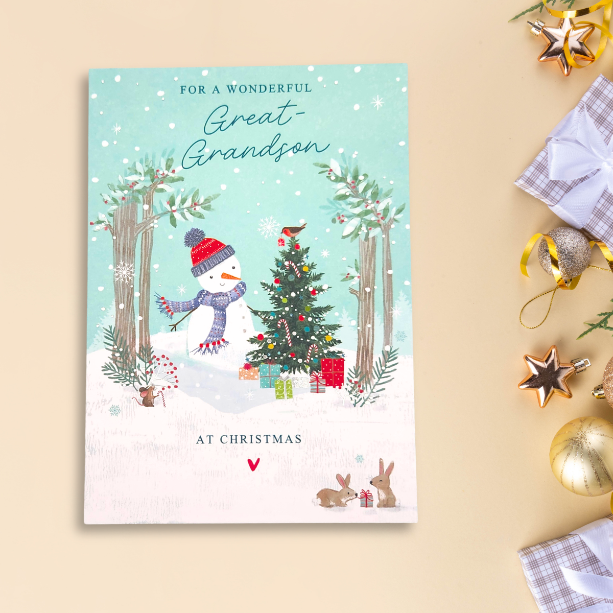 Great Grandson Christmas Card - Snowman & Robin