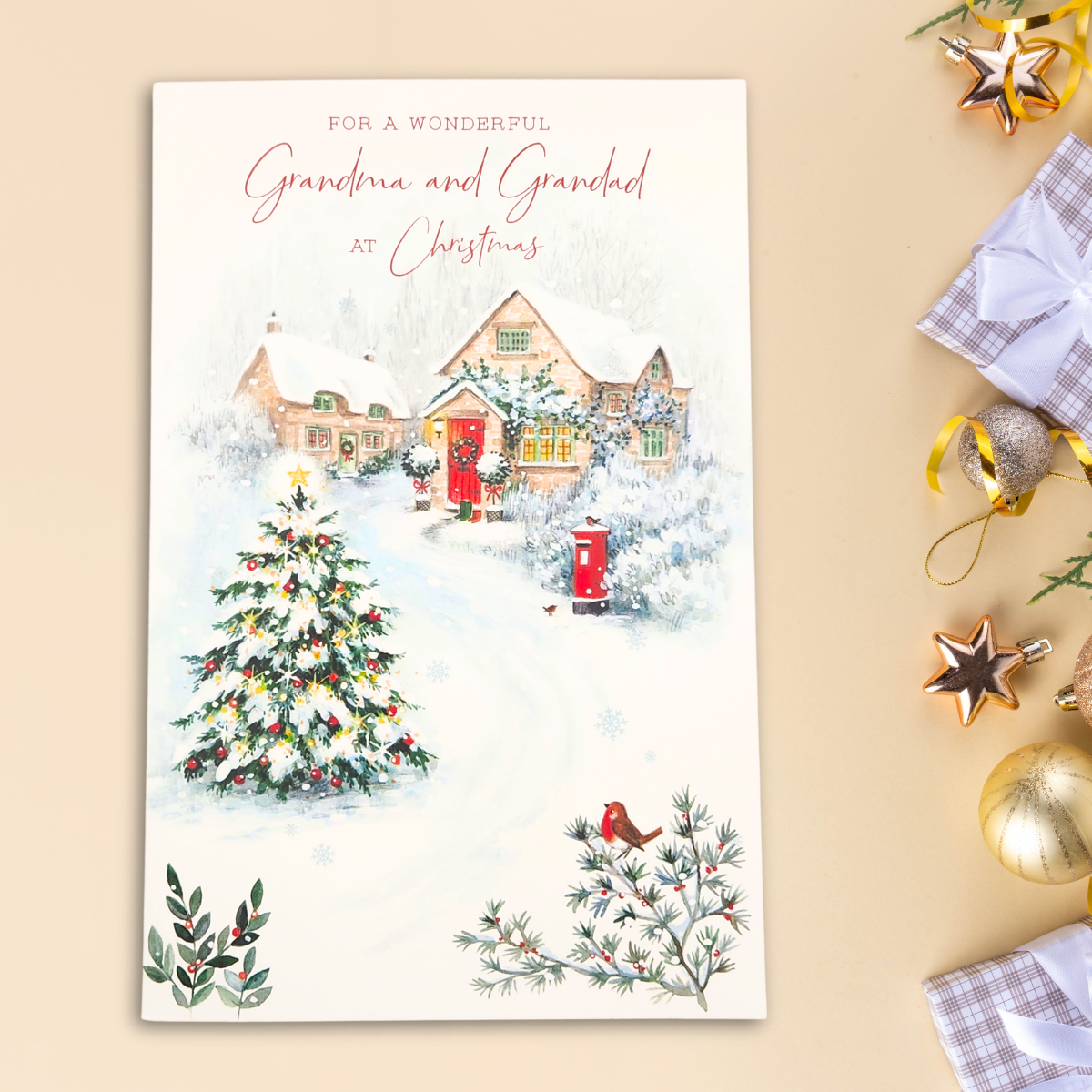 Grandma & Grandad Christmas Card - Snowy Cottage Scene