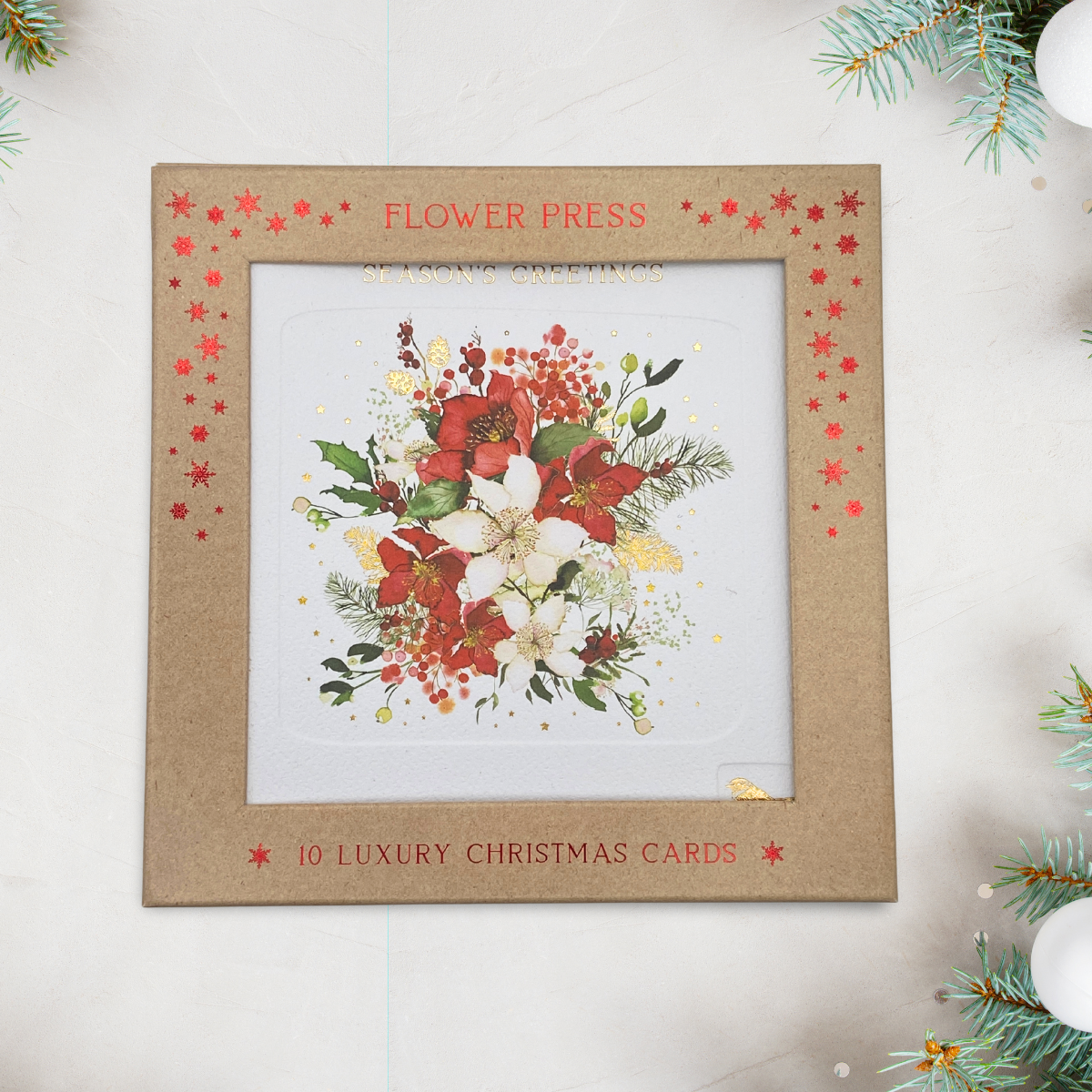 10 x Christmas Cards In Box - Flower Press Floral Bouquet