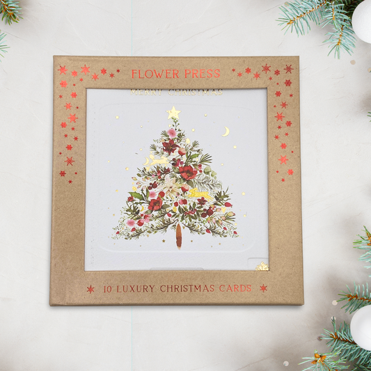 10 x Christmas Cards In Box - Flower Press Floral Tree