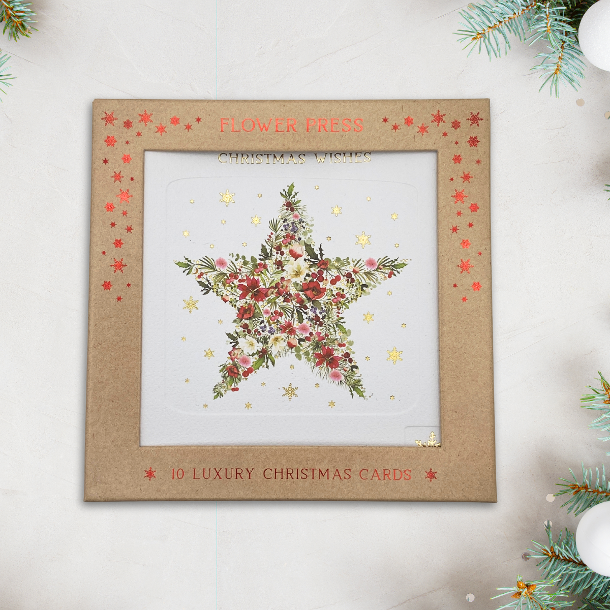 10 x Christmas Cards In Box - Flower Press Floral Star