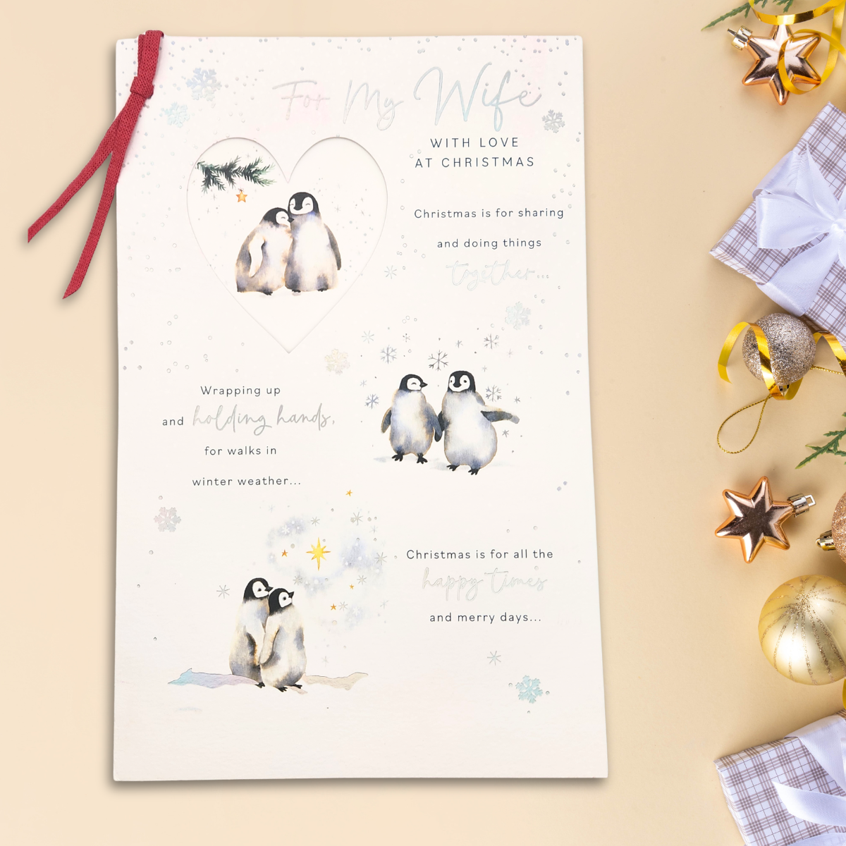 Wife Large Christmas Card - 3D Effect Penguins Large
