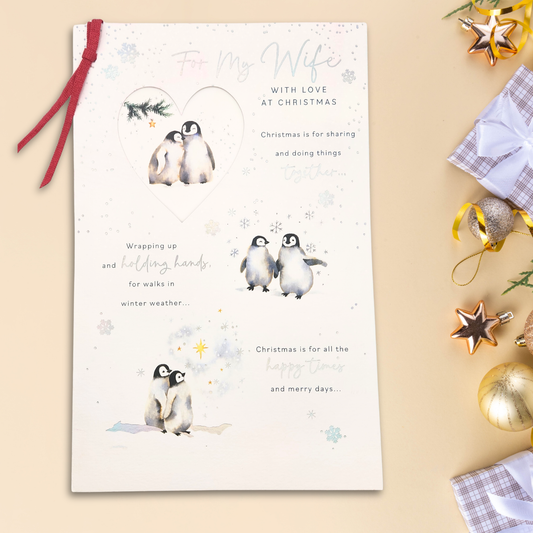 Wife Large Christmas Card - 3D Effect Penguins Large