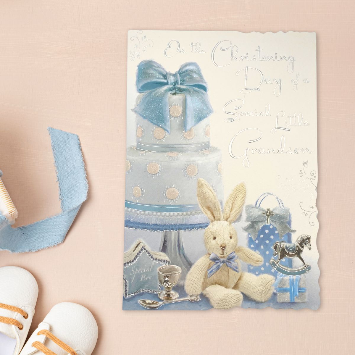 Christening Card Grandson - Velvet Sparkle Bunny & Cake