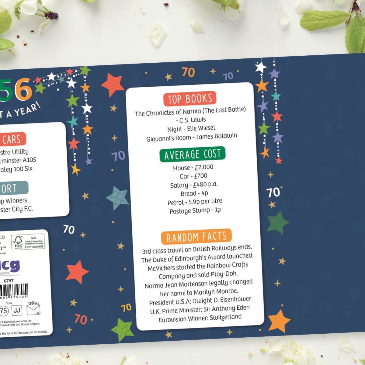 70th Birthday Card - Born In 1956 A Year To Remember! Blue