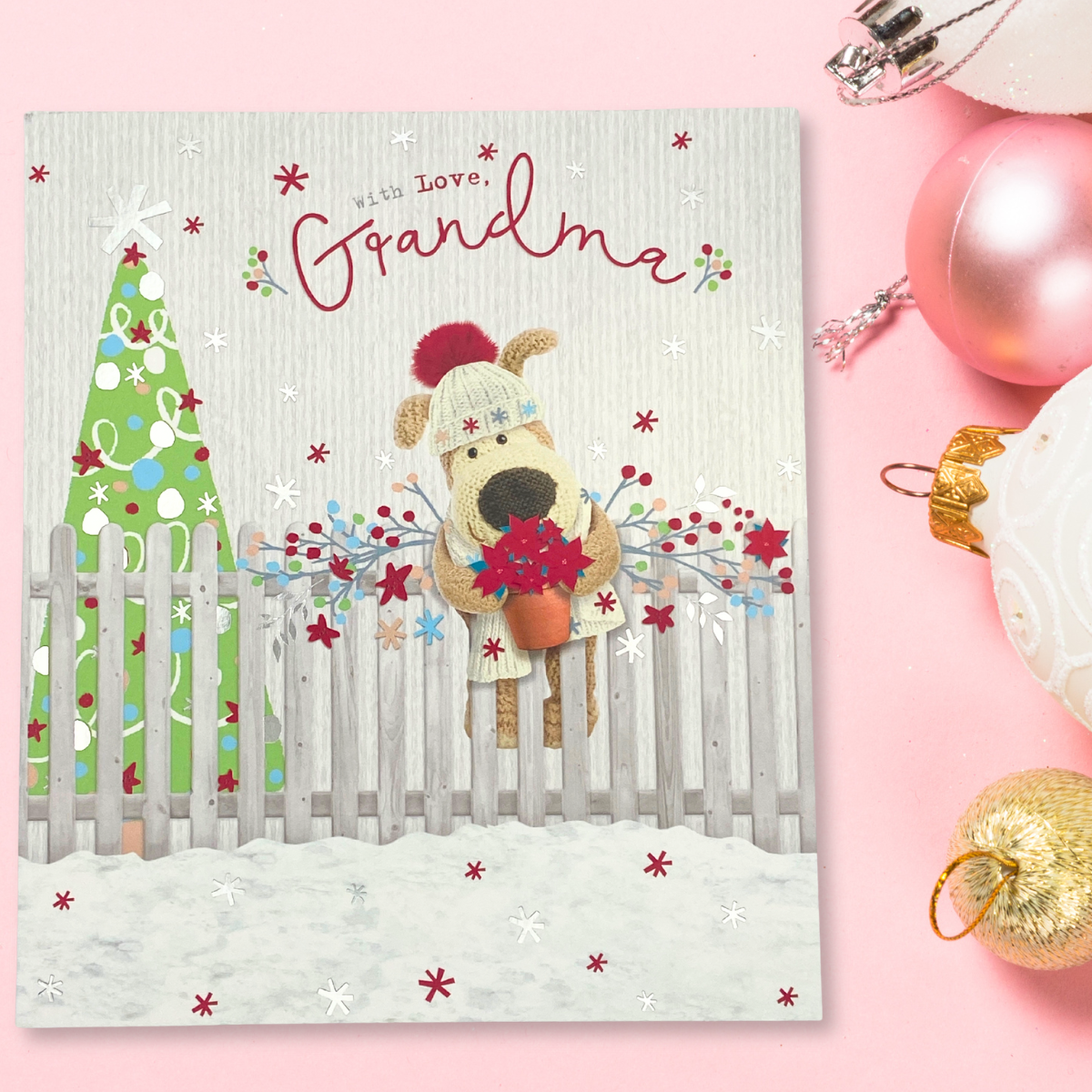 Grandma Christmas Card - Boofle Bear & Poinsettia