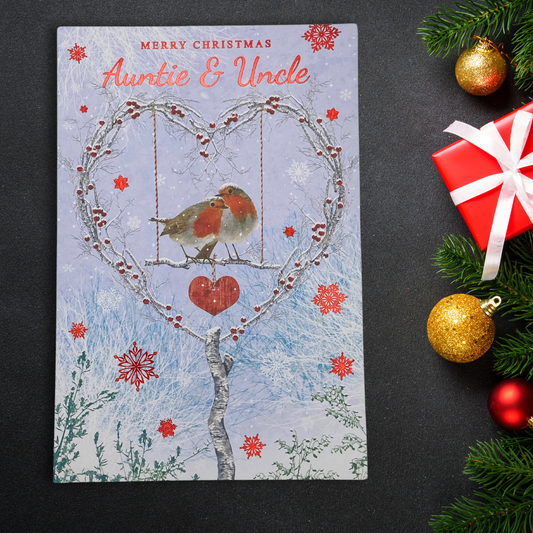 Auntie & Uncle Christmas Card - Robins & Heart