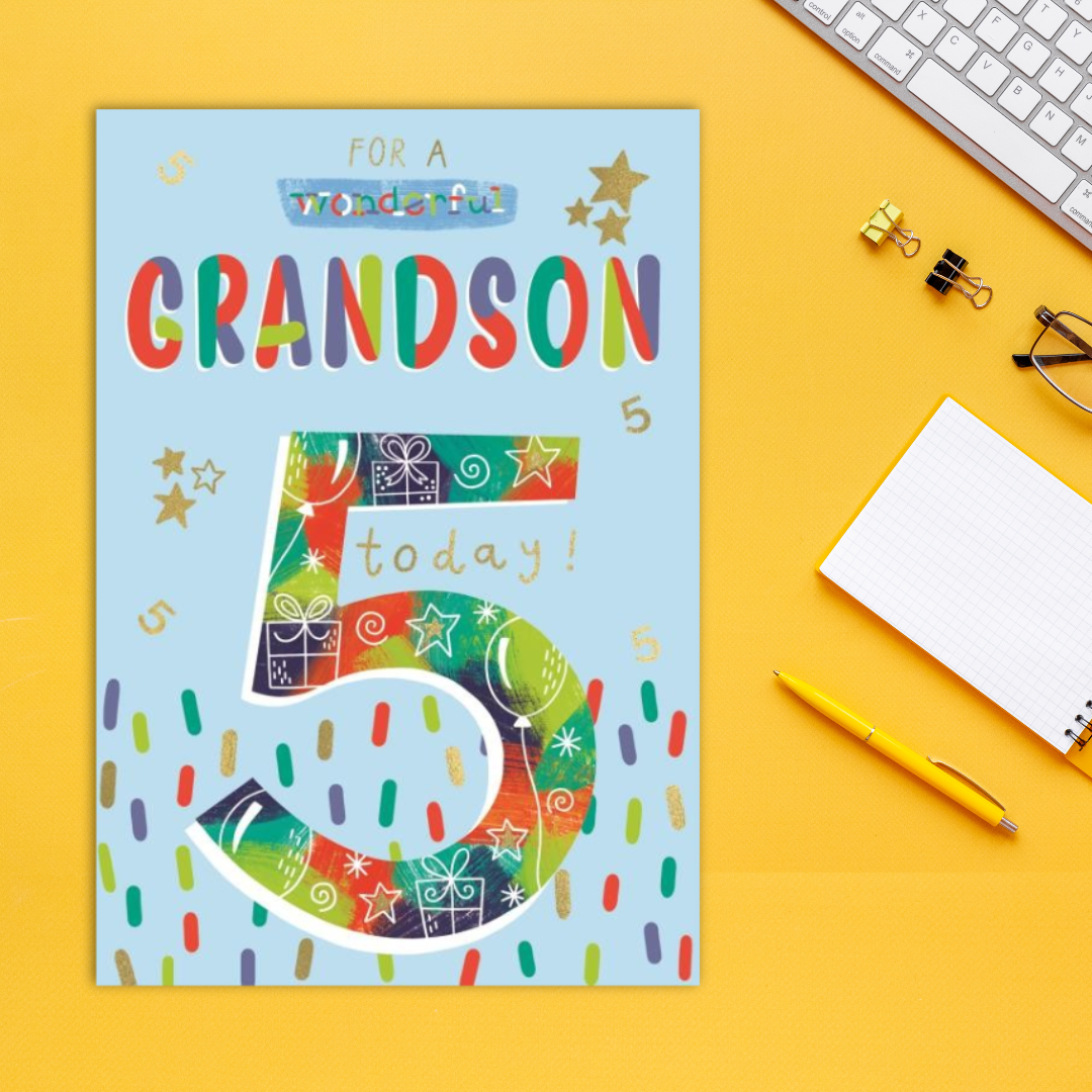 Grandson 5th Birthday Card - Multicolour Text & Stars