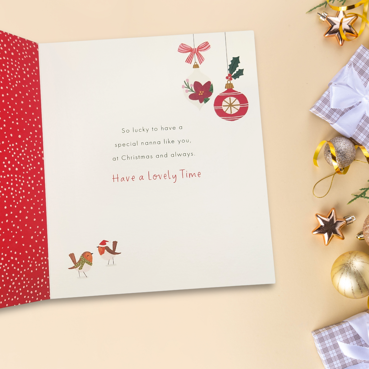Nanna Christmas Card - Robins Text