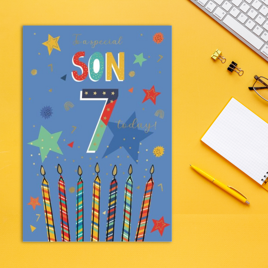 Son 7th Birthday Card - Multicolour Candles