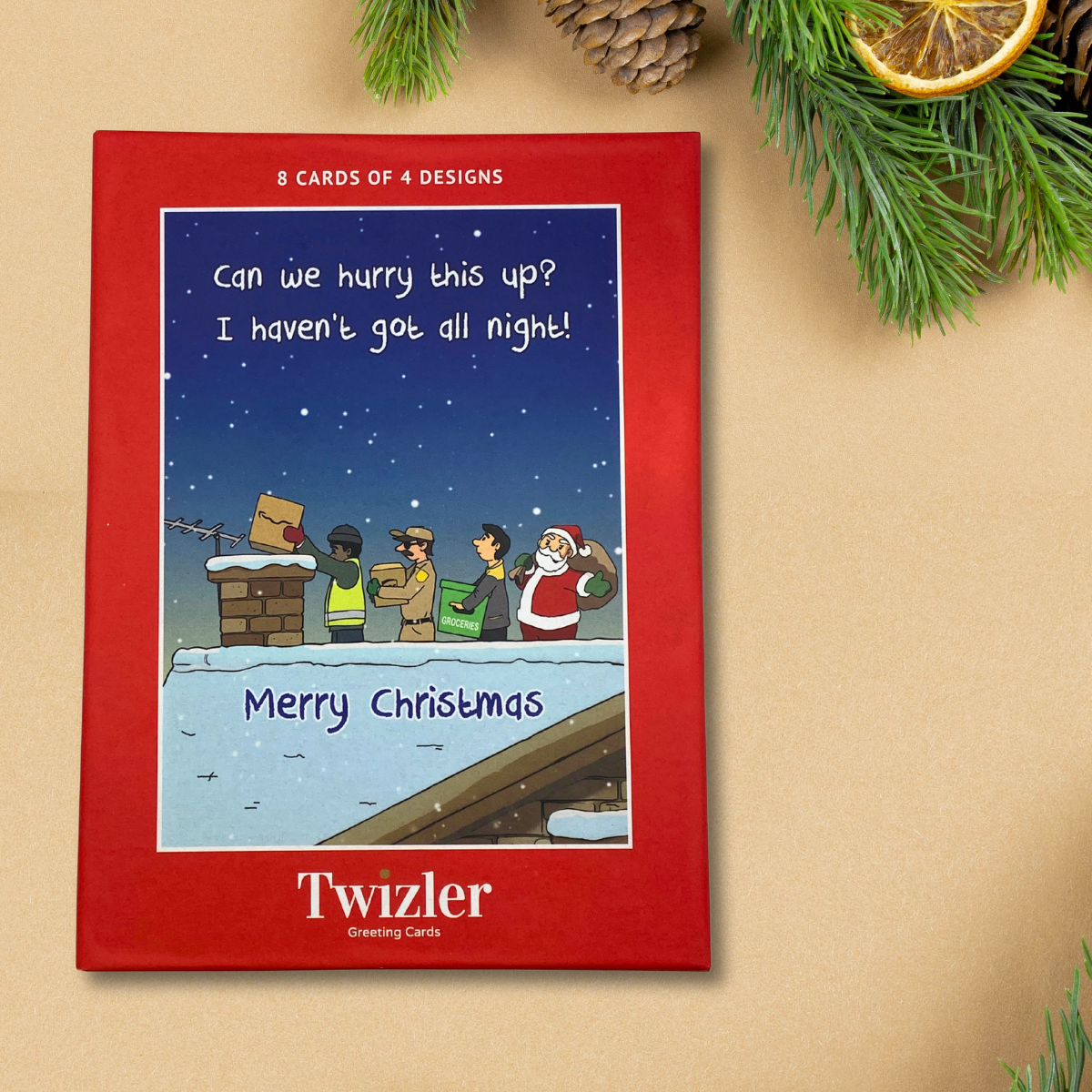 8 x Christmas Cards In Box - Twizler Humour 4 Designs Hurry Up