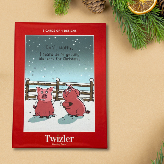 8 x Christmas Cards In Box - Twizler Humour 4 Designs Don't Worry