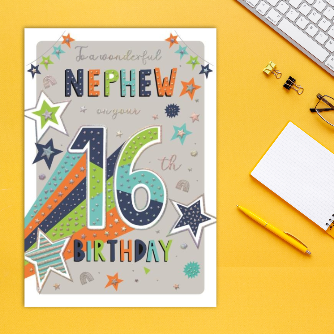 Nephew 16th Birthday Card - Multicolour Stars