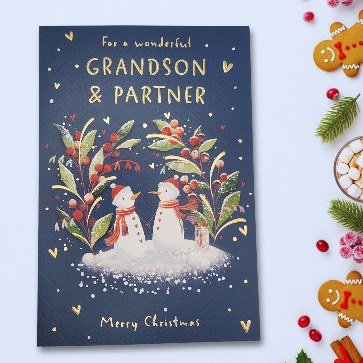 Grandson & Partner Christmas Card - Snow People