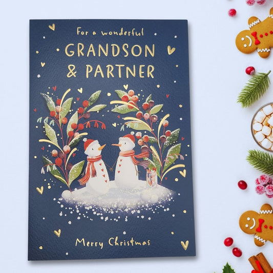 Grandson & Partner Christmas Card - Snow People
