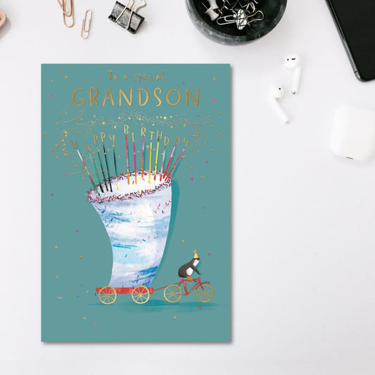 Grandson Birthday Card - Big World Little Things Penguin Cake