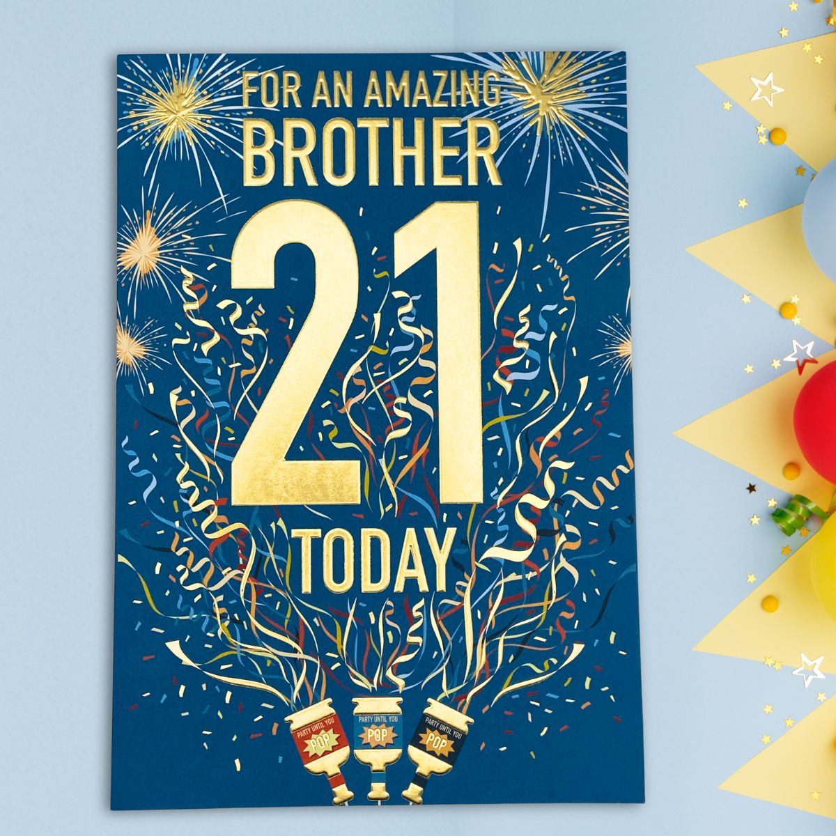 Brother 21st Birthday Card - Lumino Party Poppers