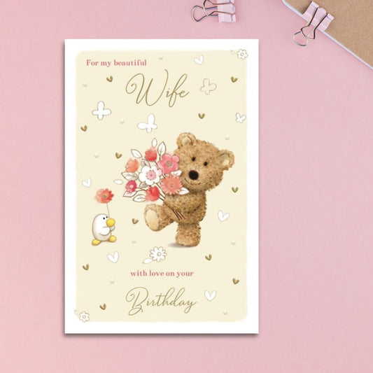 Wife Birthday Card - Barley Bear & Flowers