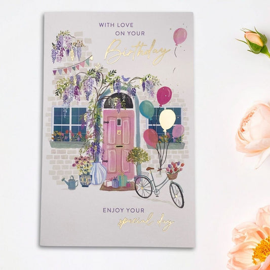 Simply Traditional Birthday Card - Bicycle & Balloons