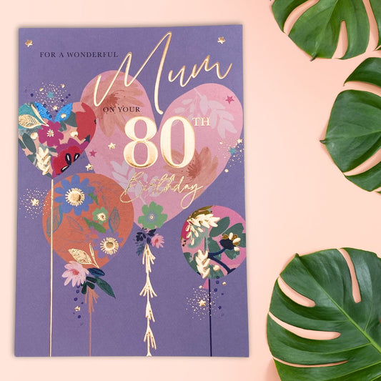 Mum 80th Birthday Card - Floral Hearts
