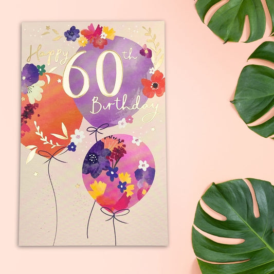 60th Birthday Card - Floral Celebrations Balloons