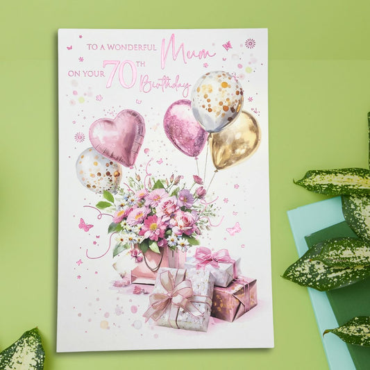 Mum 70th Birthday Card - Balloons, Gifts & Flowers