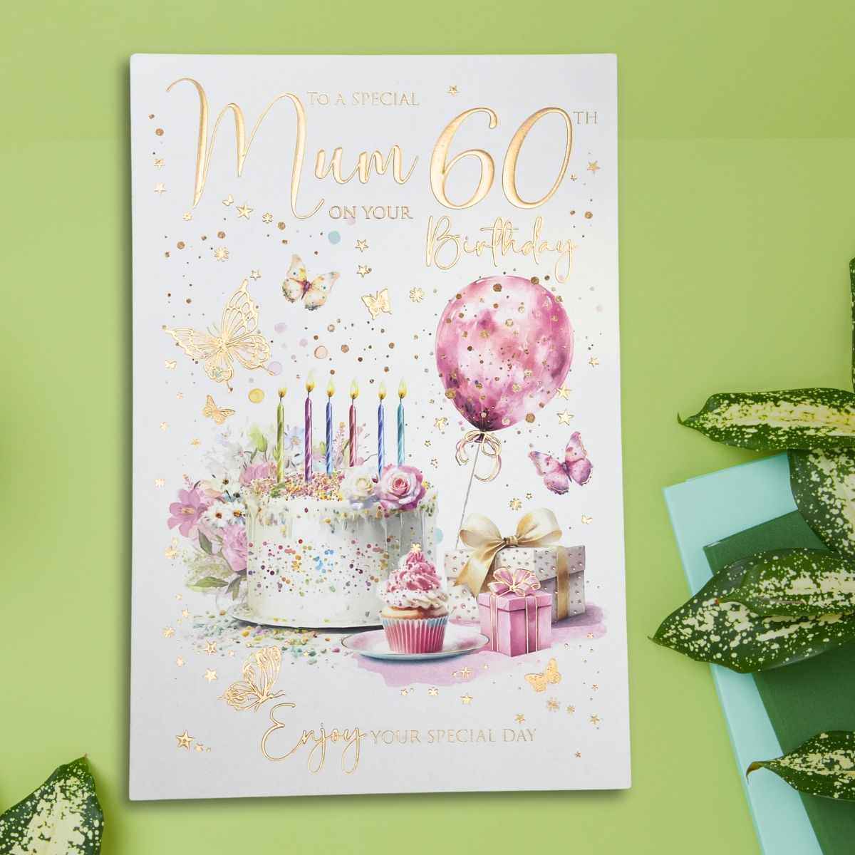 Mum 60th Birthday Card - Cake, Candles & Balloon
