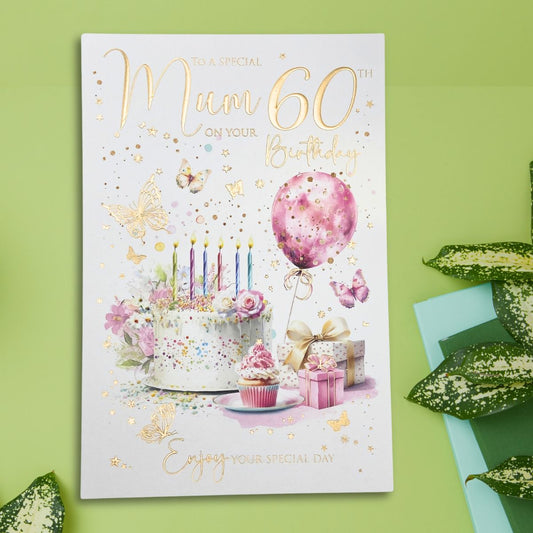 Mum 60th Birthday Card - Cake, Candles & Balloon